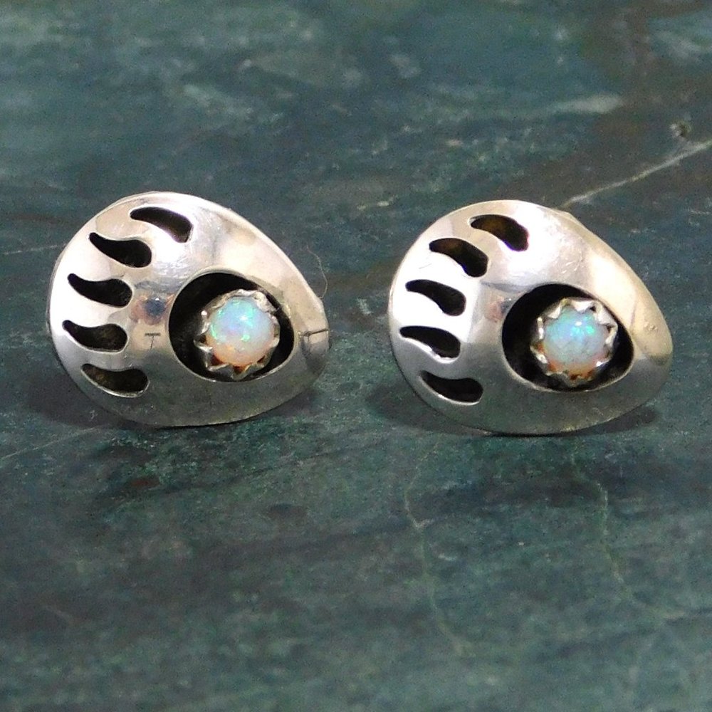 SOLD---Southwestern Earrings Sterling Silver Bear Claws Opal Stud Vintage